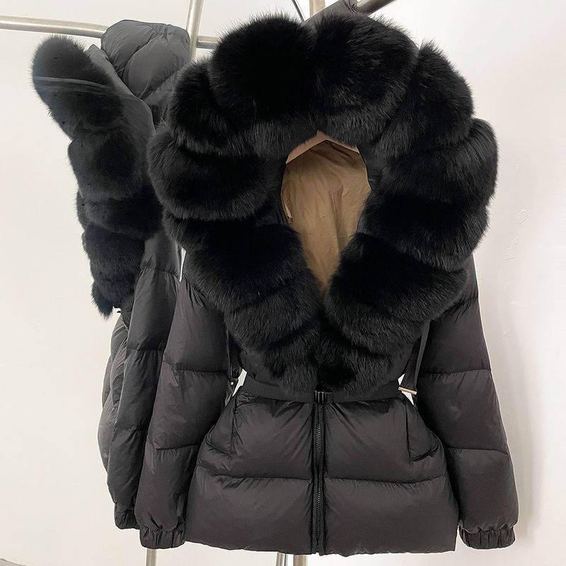 Elegante piumino da donna con finiture in pelliccia di volpe, cappotto lungo che stringe la vita, caldo parka invernale, capospalla di lusso in stile coreano._voghion.com