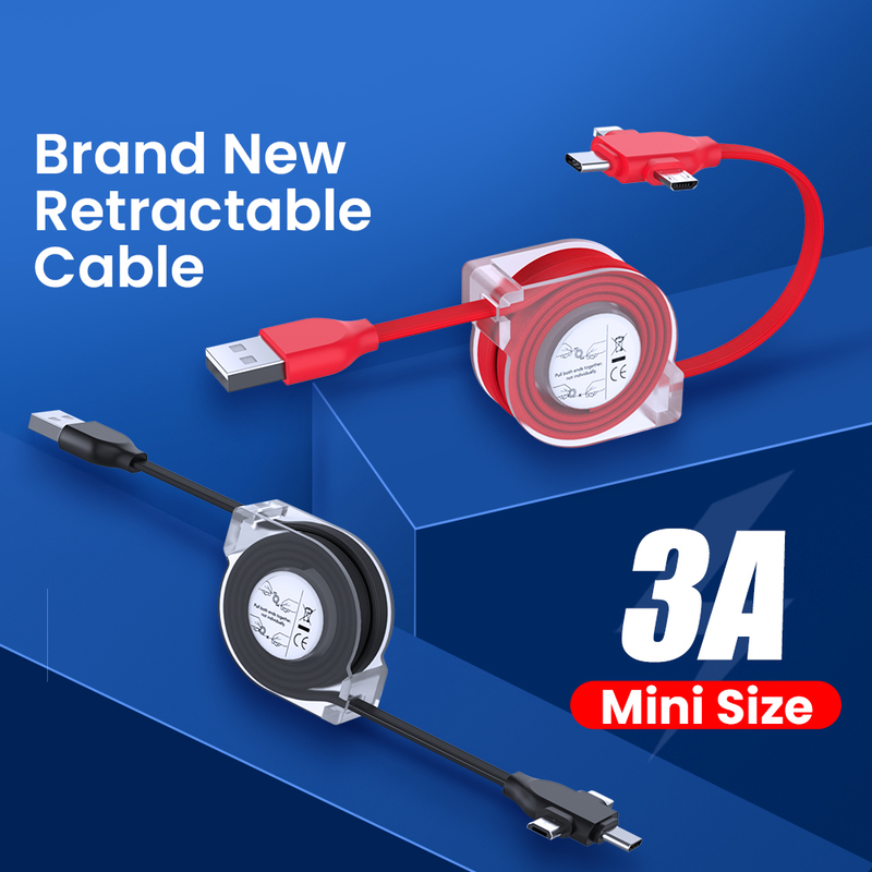 1/2m 3-in-1 USB Charging Cable 8-pin/Mini USB/Type C Kable Portable Scalable 3A Quick Charging Cable for iPhon_voghion.com