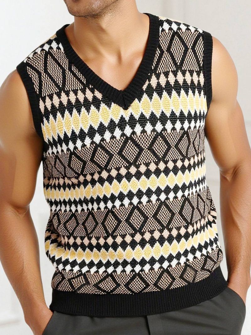 Roupas Masculinas Colete de Malha Listrado com Bloco de Cores Vintage, Blusa Masculina de Algodão Respirável e Gola V Sem Mangas | Caimento Solto e Casual | Estilo Amekaji_voghion.com