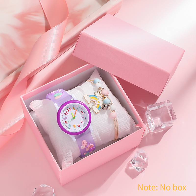 Kinderuhren, modisch, süßer Schmetterling, Silikon, niedlicher Cartoon-Traum, Interesse des Kindes, Uhr + Regenbogen-Armband-Set_voghion.com