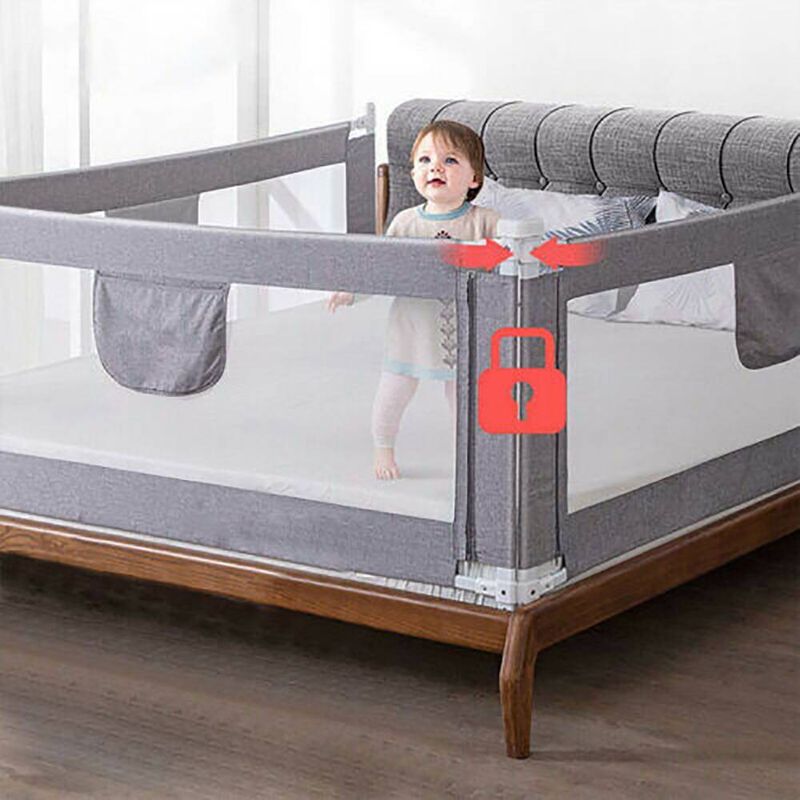 ​​150 cm Babybettgitter, Bettzaun, Höhenverstellbar (73–93 cm), U-förmiger Sicherheitsverschluss, Atmungsaktives Mesh und Oxford-Gewebe, Weiß_voghion.com