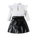 Abbigliamento per bambini, top a maniche lunghe con collo alto in tinta unita + gonna plissettata in pelle PU + cintura, set da tre pezzi_voghion.com