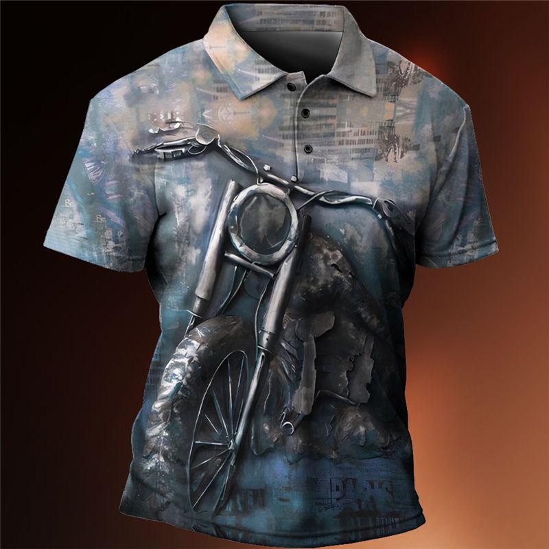 Top a maniche corte stampato in 3D alla moda con colletto a polo da uomo_voghion.com