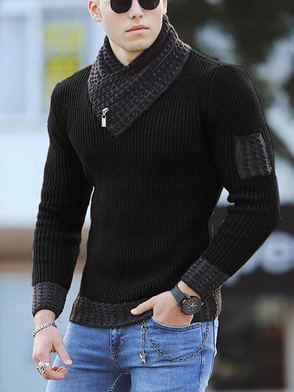 Men's Sweater Pullover Long Sleeve Fashion Urban Scarf High Neck Men's Knitwear_voghion.com
