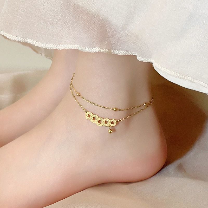 Douyin Wealth-Attracting Qing Dynasty Five Emperor Coins Bell Titanium Steel Women's Anklet High-End Fashion Non-Fading_voghion.com