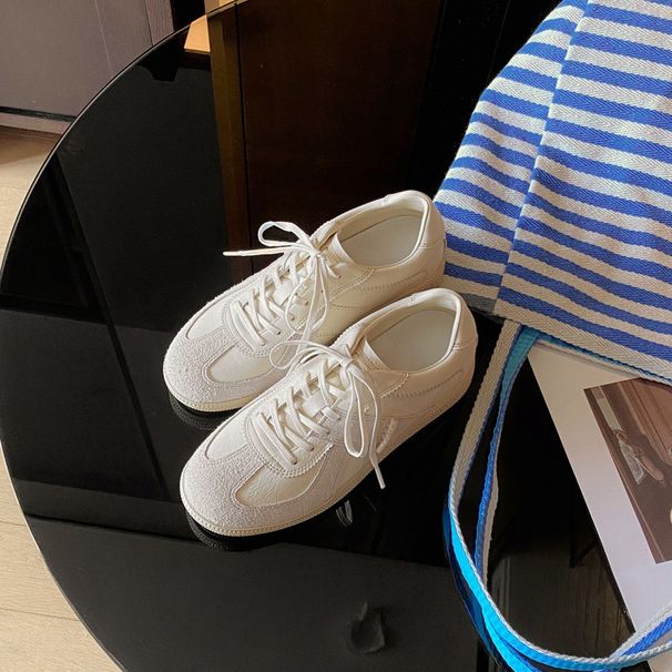 2025 Spring And Summer New Women's White Leather Color Block Patchwork Low Top Board Shoes, Flat German Trainers Fashionable Hundred_voghion.com