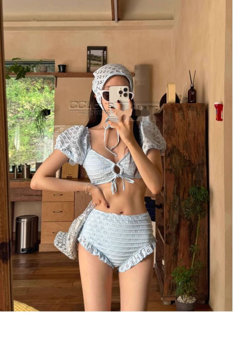 New Mint Manbo Blue Two-Piece Swimsuit Pure Desire Small Chest Gathered Conservative Tummy Covering Slimming Beach Hot_voghion.com