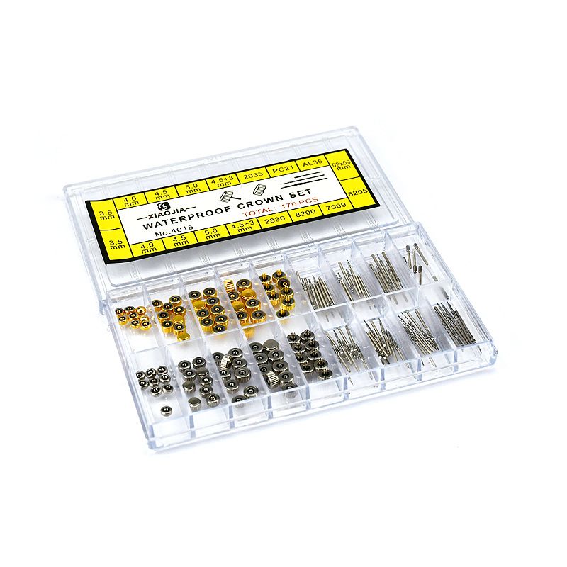 Uhrenreparaturwerkzeuge, Uhrenzubehör, Epoxidkronen in Schachteln, Uhrenschäfte, Uhrenreparaturteile, Kronen aus Kupfer, Gold und Silber, mehrere Modelle_voghion.com