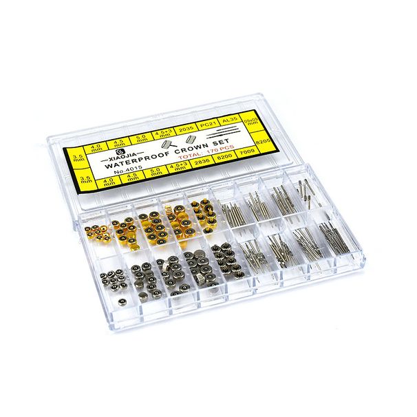 Uhrenreparaturwerkzeuge, Uhrenzubehör, Epoxidkronen in Schachteln, Uhrenschäfte, Uhrenreparaturteile, Kronen aus Kupfer, Gold und Silber, mehrere Modelle_voghion.com