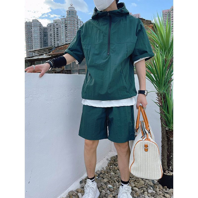 Hooded Workwear Men's Summer 2025 New Loose Zipper Two-Piece Fashion Solid Color Trendy Shorts Set_voghion.com