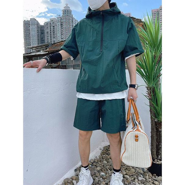 Hooded Workwear Men's Summer 2025 New Loose Zipper Two-Piece Fashion Solid Color Trendy Shorts Set_voghion.com