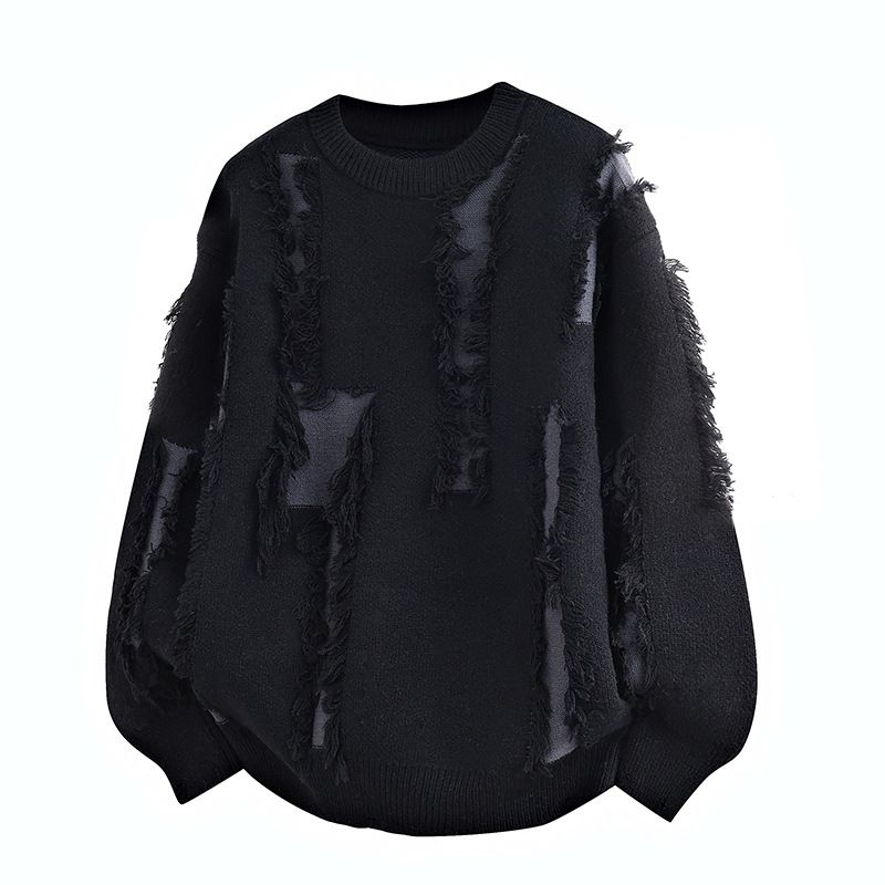 Pull oversize en maille à franges – Pull à manches longues et col rond pour homme (Blanc/Noir/Taupe, M-4XL)_voghion.com