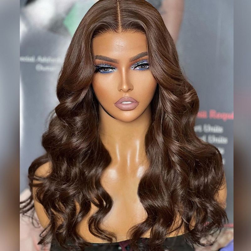 Peluca con malla frontal marrón Chocolate cabello humano para mujeres 150% densidad cuerpo onda encaje Frontal pelucas sin pegamento prearrancadas_voghion.com