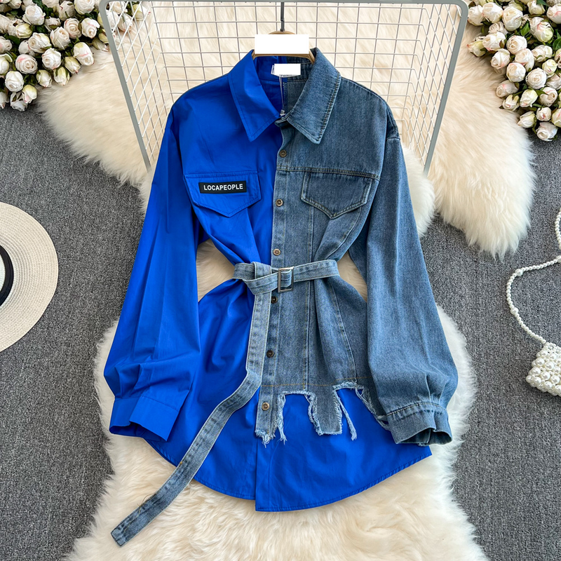 Chemise en jean de couleur assortie avec ceinture pour femme_voghion.com
