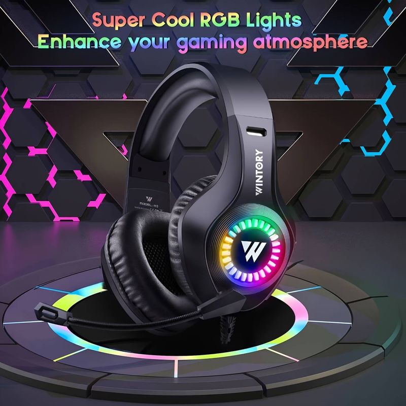 1 auricular para juegos con cable RGB montado en la cabeza con micrófono ajustable, correa para la oreja telescópica ajustable, orejeras suaves y cómodas, auriculares con cable RGB para computadora_voghion.com