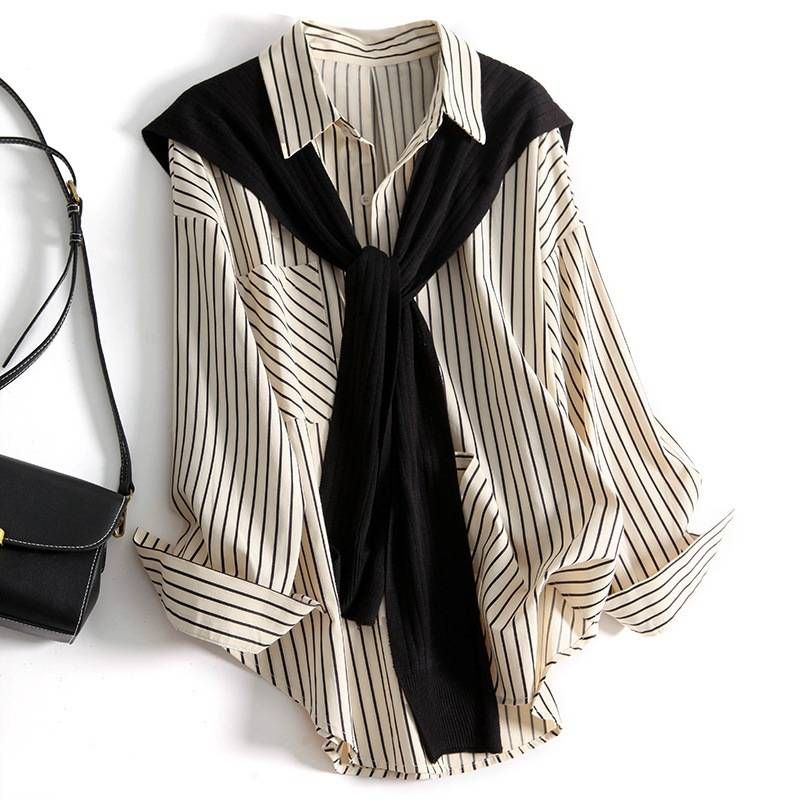 Women's Clothing design striped printed shirt for women ~ casual knitted shawl two piece tops that make you look thin and young_voghion.com