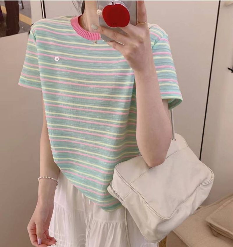 Women's Clothing Mint Mambo Green Striped Straight Shoulder Short Sleeve Dopamine T Shirt_voghion.com