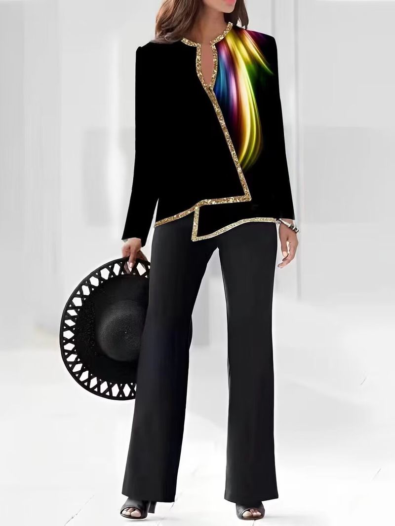 Chemise et pantalon imprimés pour femmes, col en v, asymétrique, mode décontractée, tailleur-pantalon_voghion.com