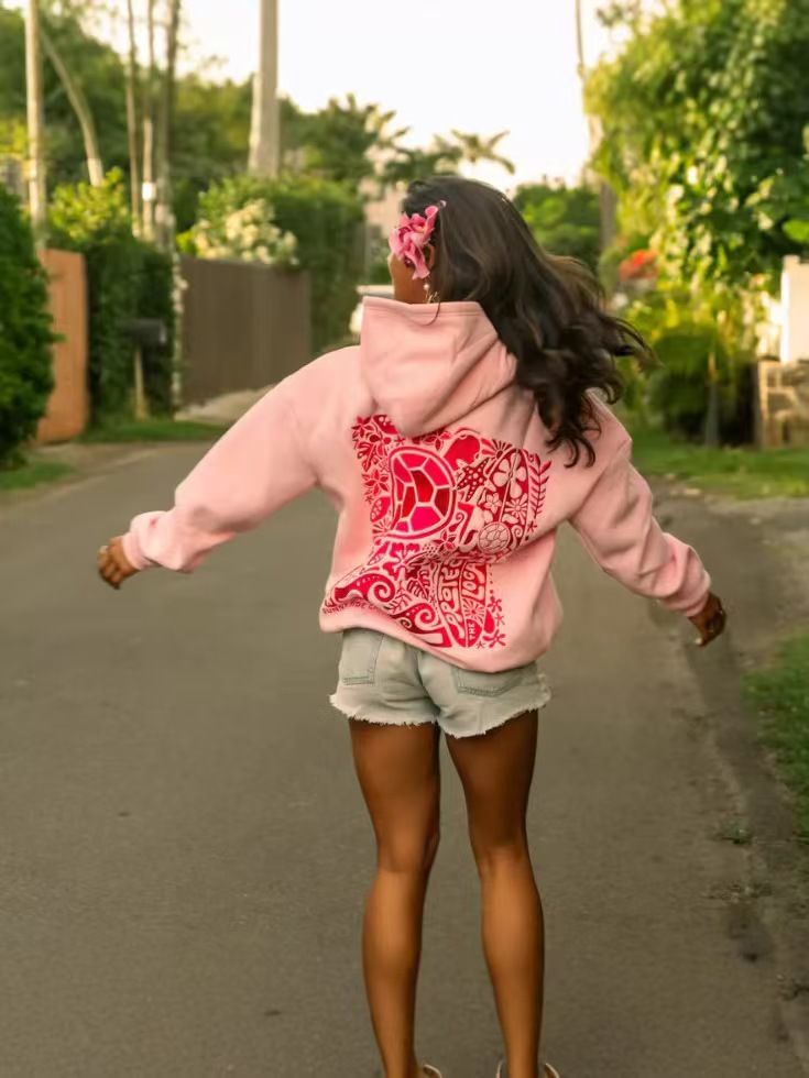 Women's Casual Hoodie With Hawaiian Hibiscus Print, Drop Shoulder Long Sleeve Pullover Sweatshirt, Breathable Polyester Fabric,_voghion.com