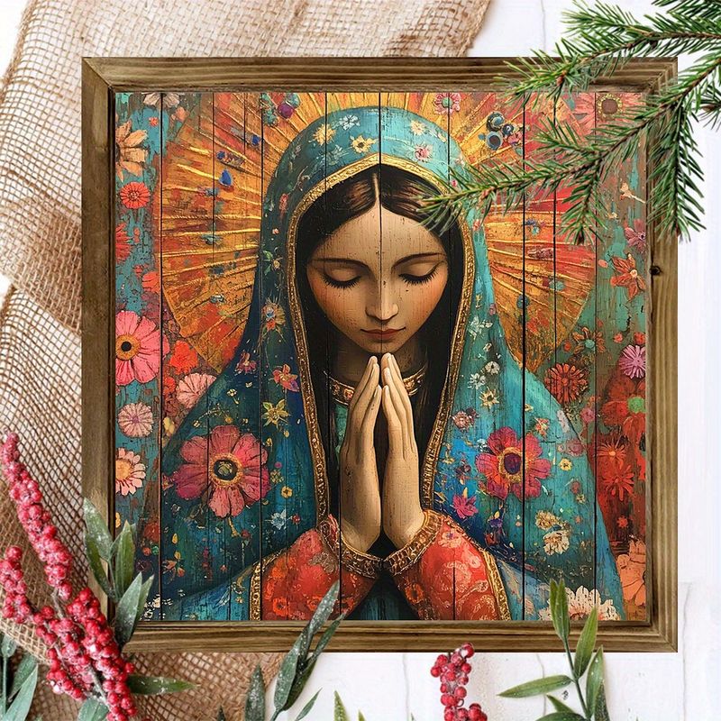Tablou de perete rustic din lemn cu Fecioara Maria, "8x8" - Semn religios inspirațional pentru casă sau birou - Decor înrămat fără electricitate_voghion.com