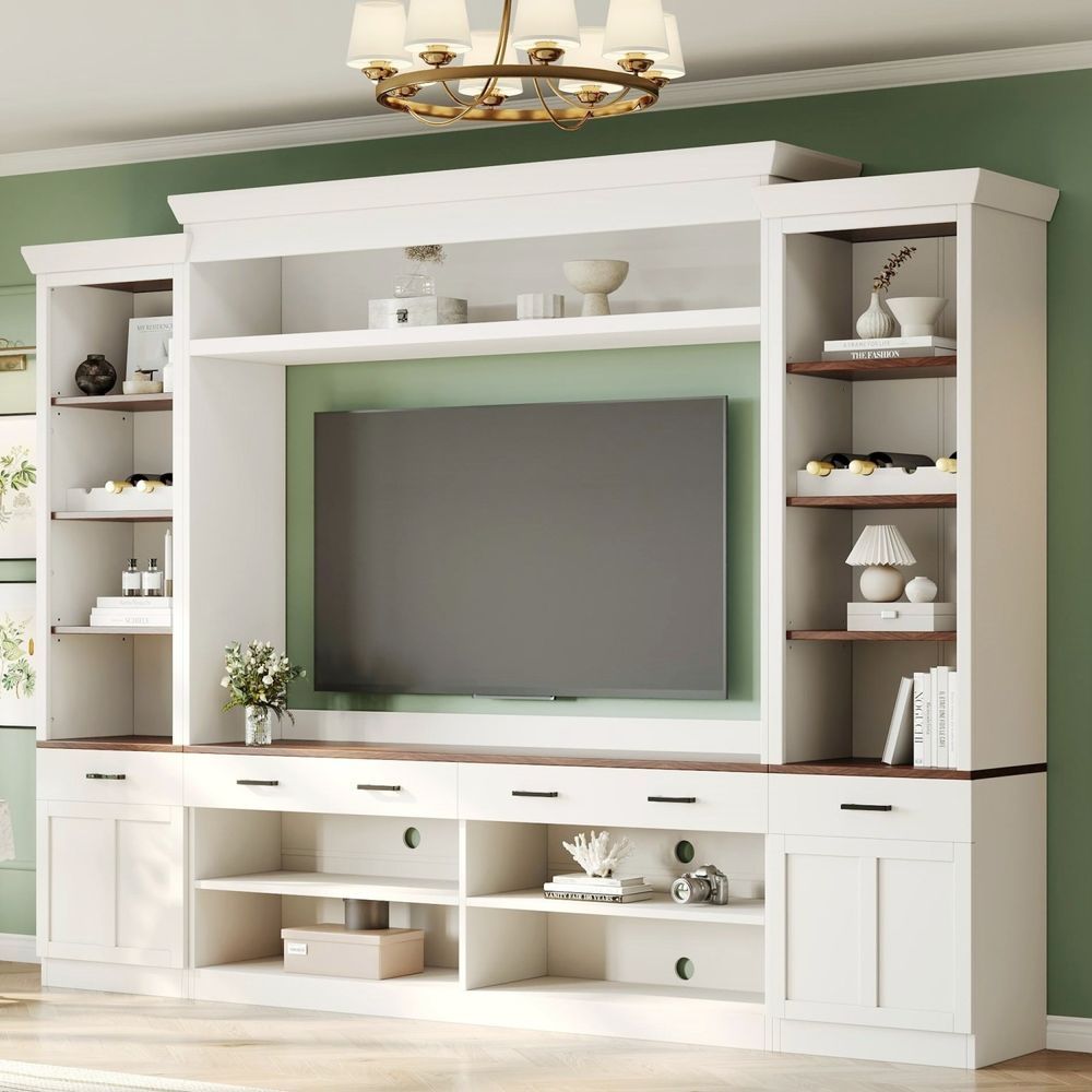 ON-TREND Farmhouse 4-Piece Entertainment Wall Unit Set With Bookshelf For TVs Up To 70', Walnut TV Stand With Adjustable Shelves, Mid-Century Large_voghion.com