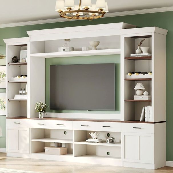 ON-TREND Farmhouse 4-Piece Entertainment Wall Unit Set With Bookshelf For TVs Up To 70', Walnut TV Stand With Adjustable Shelves, Mid-Century Large_voghion.com