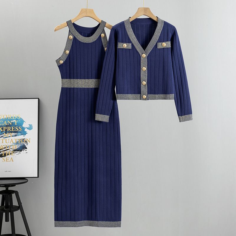 Women's French Elegant Ladies High Waist Fashion Two Piece Sweater Dress New Sweater Vest Dress_voghion.com