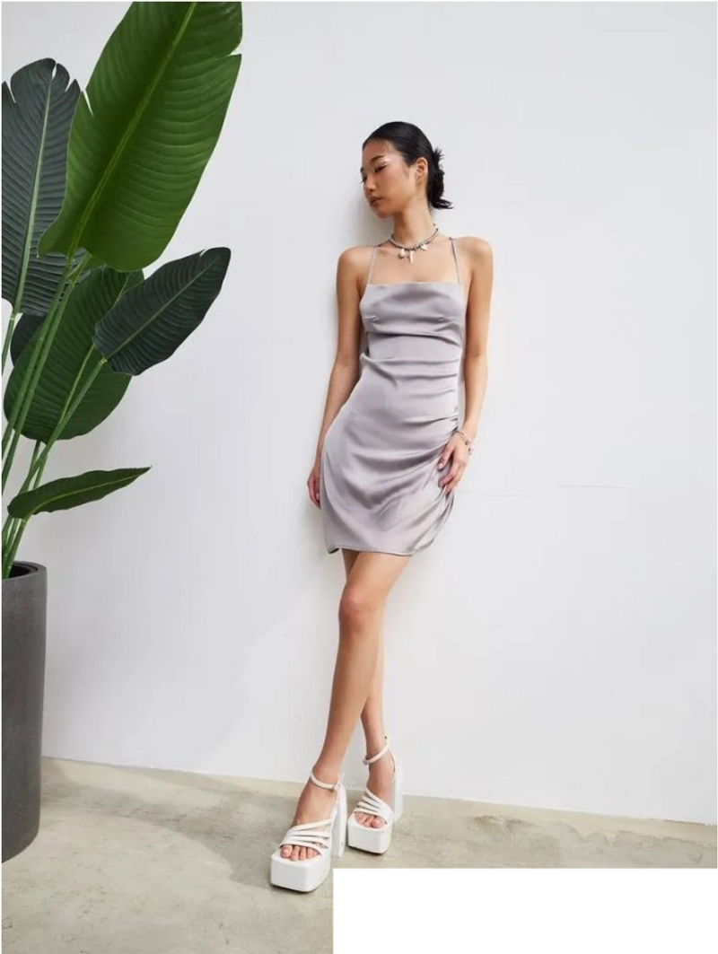 Women's clothing new elegant style women's silk suspenders style collarless backless pleated skirt dress_voghion.com