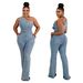 Women's Clothing oblique shoulder tight waist slim elastic washed denim jumpsuit jumpsuit flared pants_voghion.com