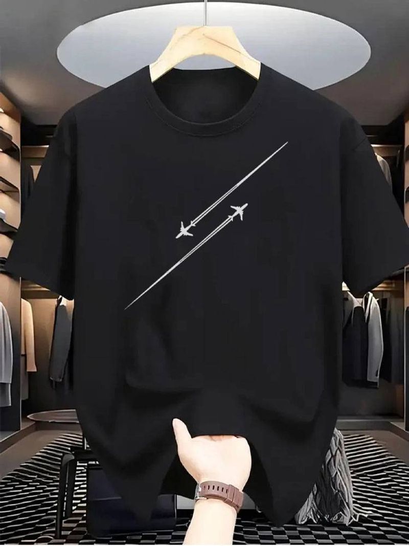 1pc Men'S Casual Cotton T-Shirt With Airplane Graphic - Crew Neck, Short Sleeve, Slight Stretch Knit Fabric, Solid Color, All-Season Comfort Fit Top_voghion.com