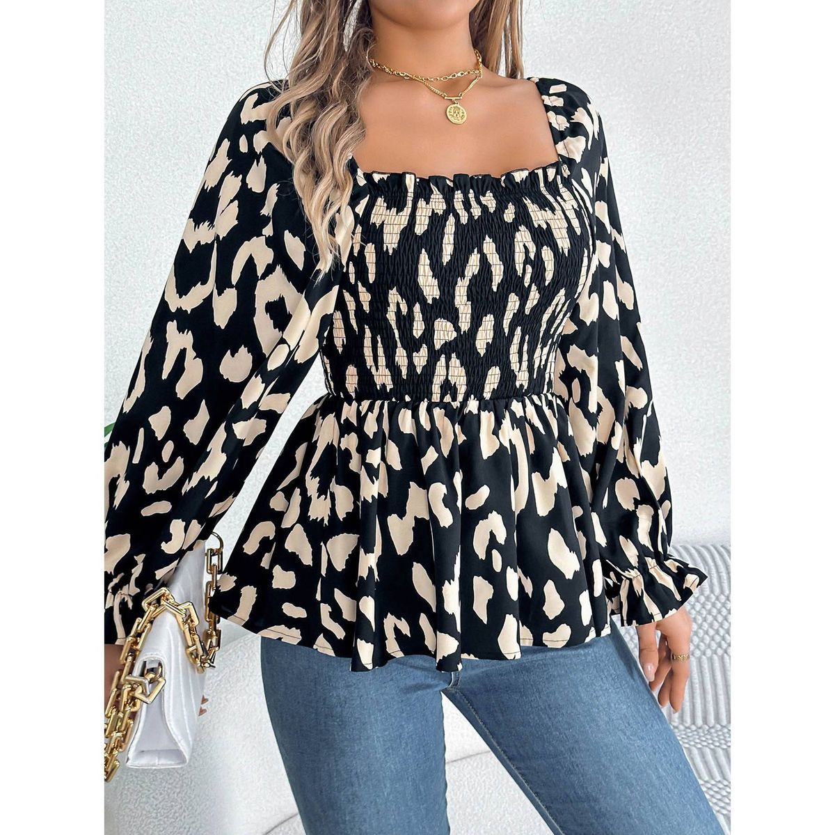 "Women's Long Sleeve Chiffon Blouse With Leopard Print & Scalloped Neckline - Flowy Bell Sleeves, Wrap Waist Design Soft Stretchy Fabric For Casual_voghion.com