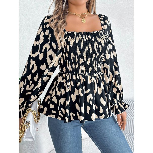 "Women's Long Sleeve Chiffon Blouse With Leopard Print & Scalloped Neckline - Flowy Bell Sleeves, Wrap Waist Design Soft Stretchy Fabric For Casual_voghion.com
