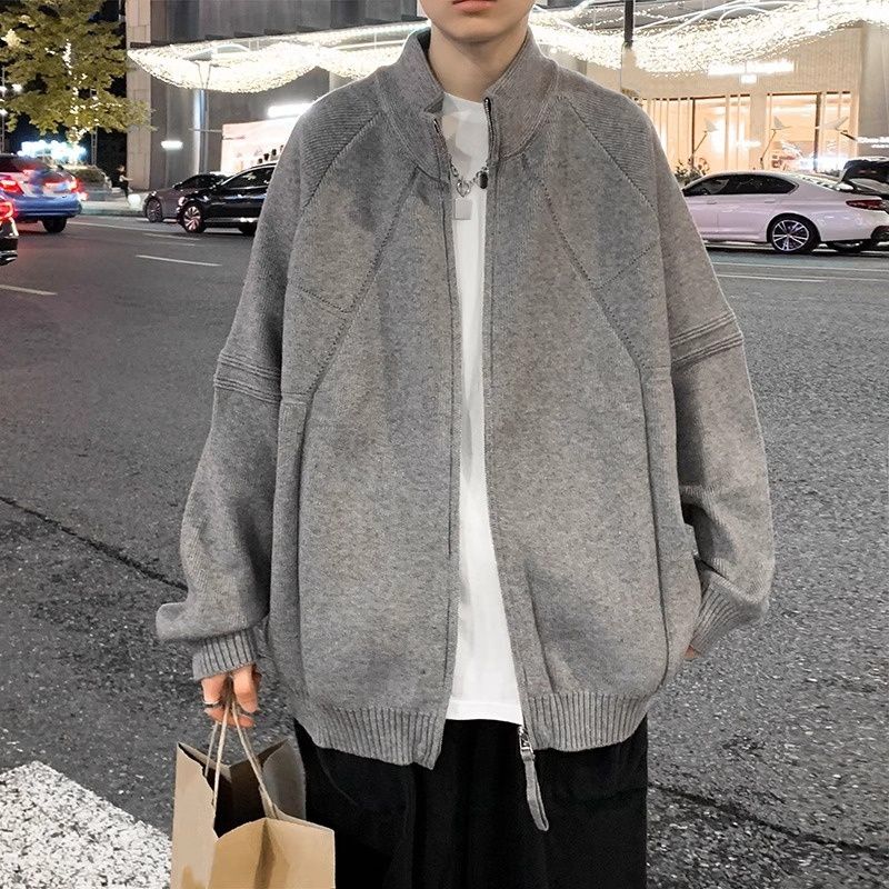 Cardigan in maglia con doppia cerniera – Giacca testurizzata con spalle scese per uomo (design minimalista con collo alto)_voghion.com