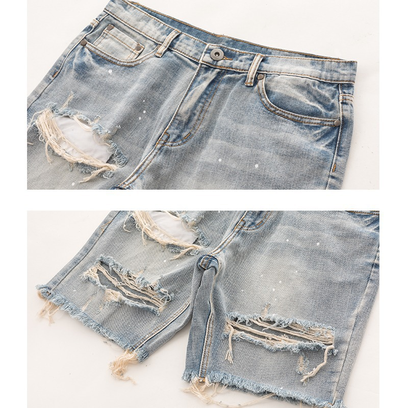 Suitable For All Seasons High Street Distressed For Men Plus Size Vintage Frayed Hem Beggar Jeans Five-Point Shorts Ins_voghion.com