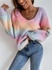 Pullover für Damen 2024 neuer unregelmäßiger Farbverlauf-Regenbogen-V-Ausschnitt-Mohair-Strickpullover_voghion.com