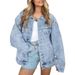 Women's Oversized Button Denim Jacket, Long Sleeve Casual Coat With Polo Collar, Lightweight Cotton Blend (50%-70%) For Spring & Fall_voghion.com