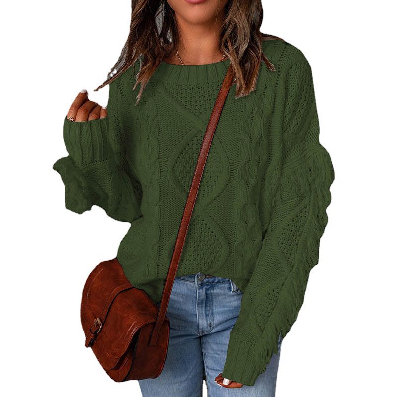 autumn and winter loose tassel tops 2024 solid color pullover round neck knitted sweater for women_voghion.com