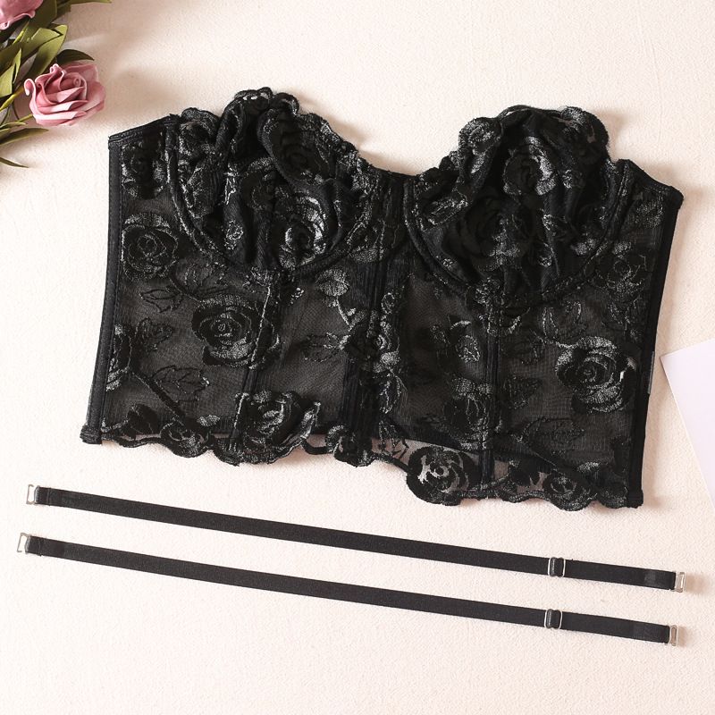 supply beautiful rose embroidery belt steel fishbone corset, chest wrap, small vest, chest strap with shoulder strap_voghion.com