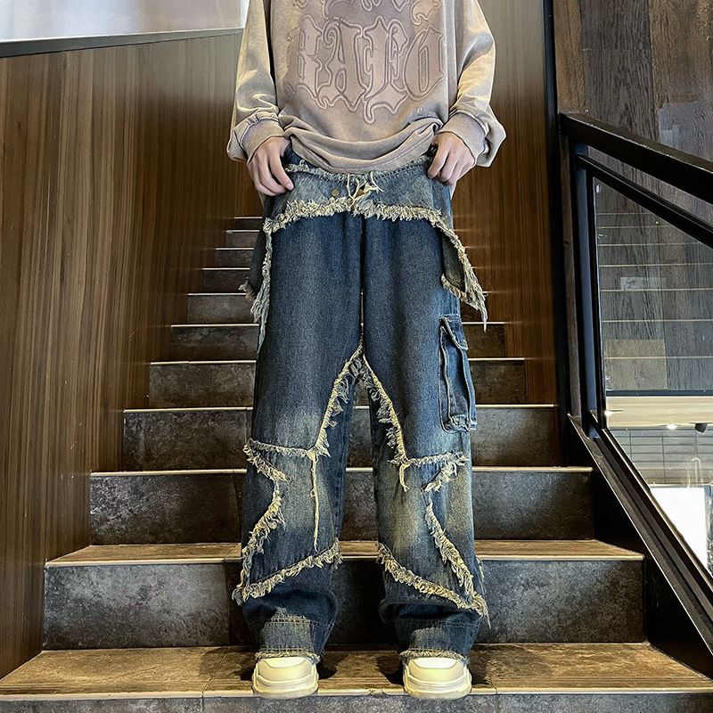 Abbigliamento maschile Jeans da strada europei e americani pesanti per uomo in autunno Design hip hop americano da strada Salopette larga retrò con gamba larga_voghion.com
