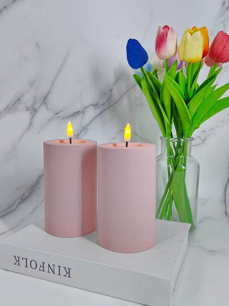 3"x5" Flameless LED Waterproof Remote Pillar Candles,Timer Battery Operated Flickering Small Plastic Pink Outdoor Candles (Pack of 2)_voghion.com
