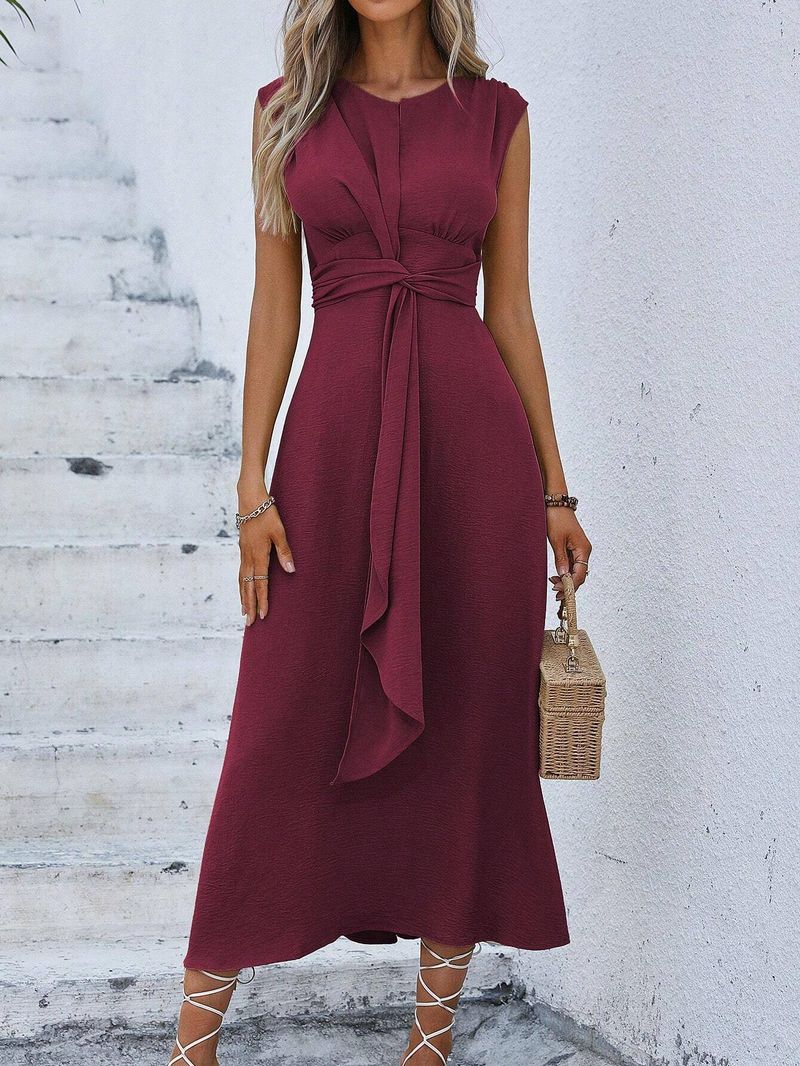 A-line skirt solid color vacation style single dress_voghion.com