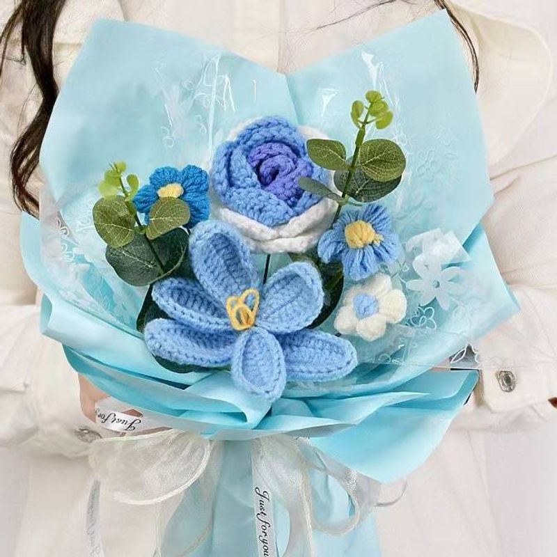 Presente de aniversário para namorada, flor artificial de girassol de malha acabada, buquê feito à mão com rosas vermelhas_voghion.com