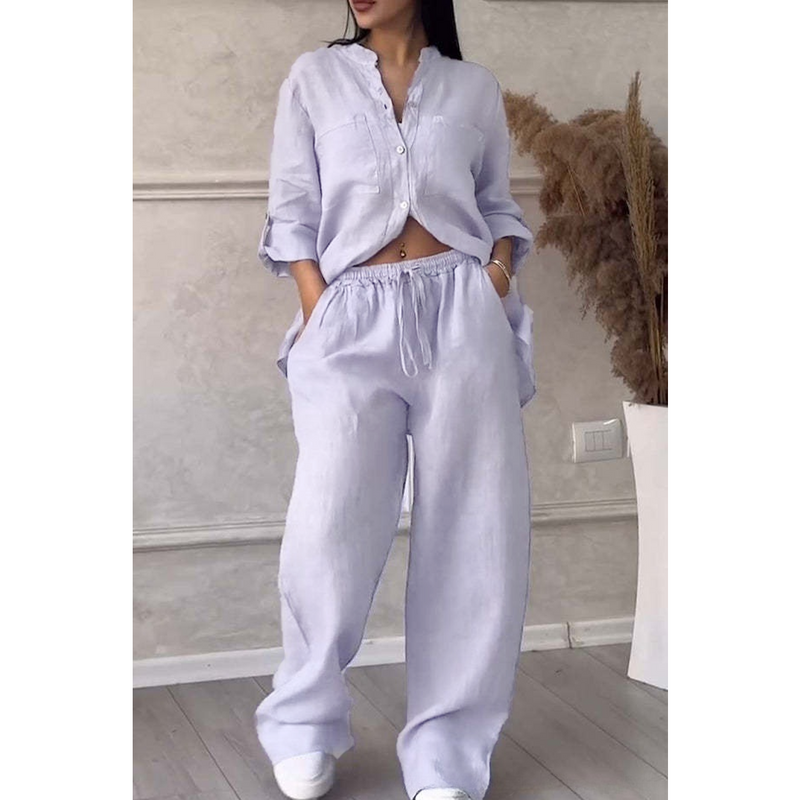 Women's Clothing Casual Cotton Linen Solid Color Shirt Drawstring Wide Leg Pants Suit_voghion.com