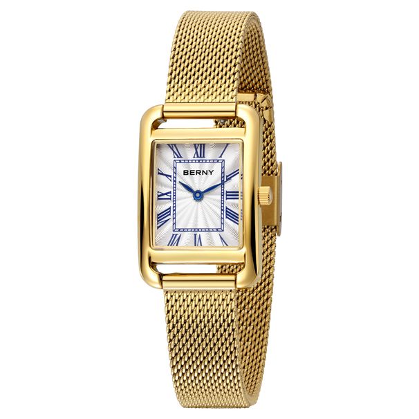 BERNY Watches For Women Dainty Stainless Steel Mesh Bracelet Watch Vintage Rectangular Case Roman Dial Sapphire Waterproof Analog Quartz Wrist Watch_voghion.com