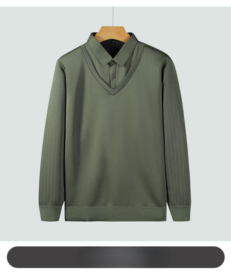 Men's long sleeved shirt with solid color splicing and velvet lining, knitted winter shirt collar pullover sweater_voghion.com