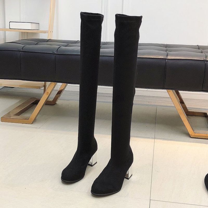 Große Damenschuhe Overknee-Stiefel mit elastischen Riemen, lange Stiefel, dicke Absätze, High Heels, Damenschuhe_voghion.com