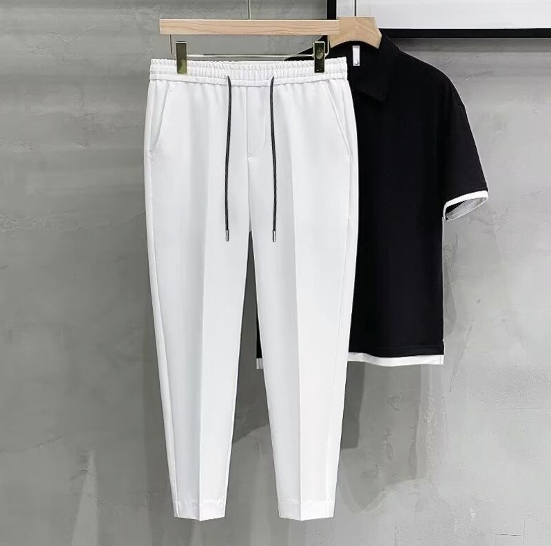 Men's Clothing 2024 Spring And Autumn New Slim Elastic Waist Small Foot Trousers Men's Casual Nine-Point Pants Drape Trendy Straight_voghion.com