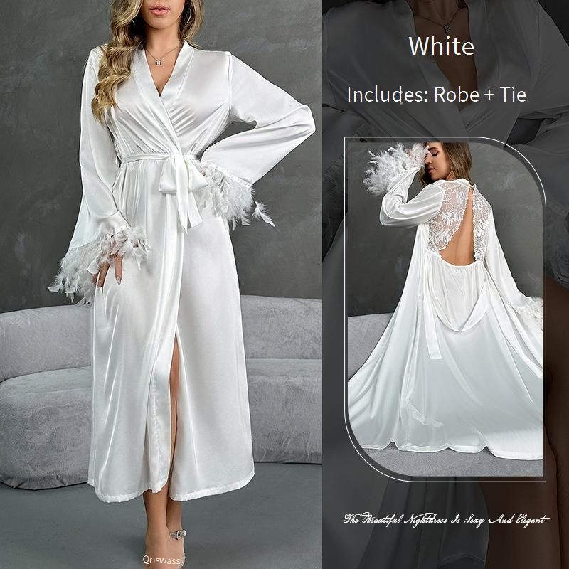 Women's Sleepwears Long Nightgown Lace Satin Splicing Fur Cuffs Sexy Backless Home Clothes Pajamas Female_voghion.com