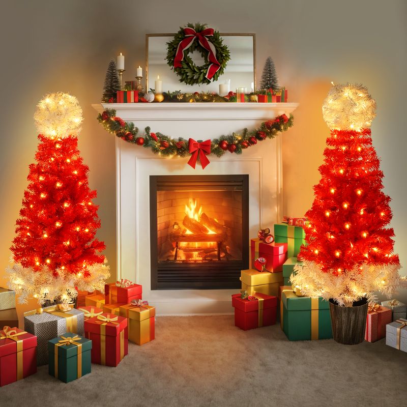 Lighted Santa Hat Style Christmas Tree Set Of 2, 4ft Artificial Tree With Warm White Lights, Christmas Tree For Decoration Inside And Outside_voghion.com