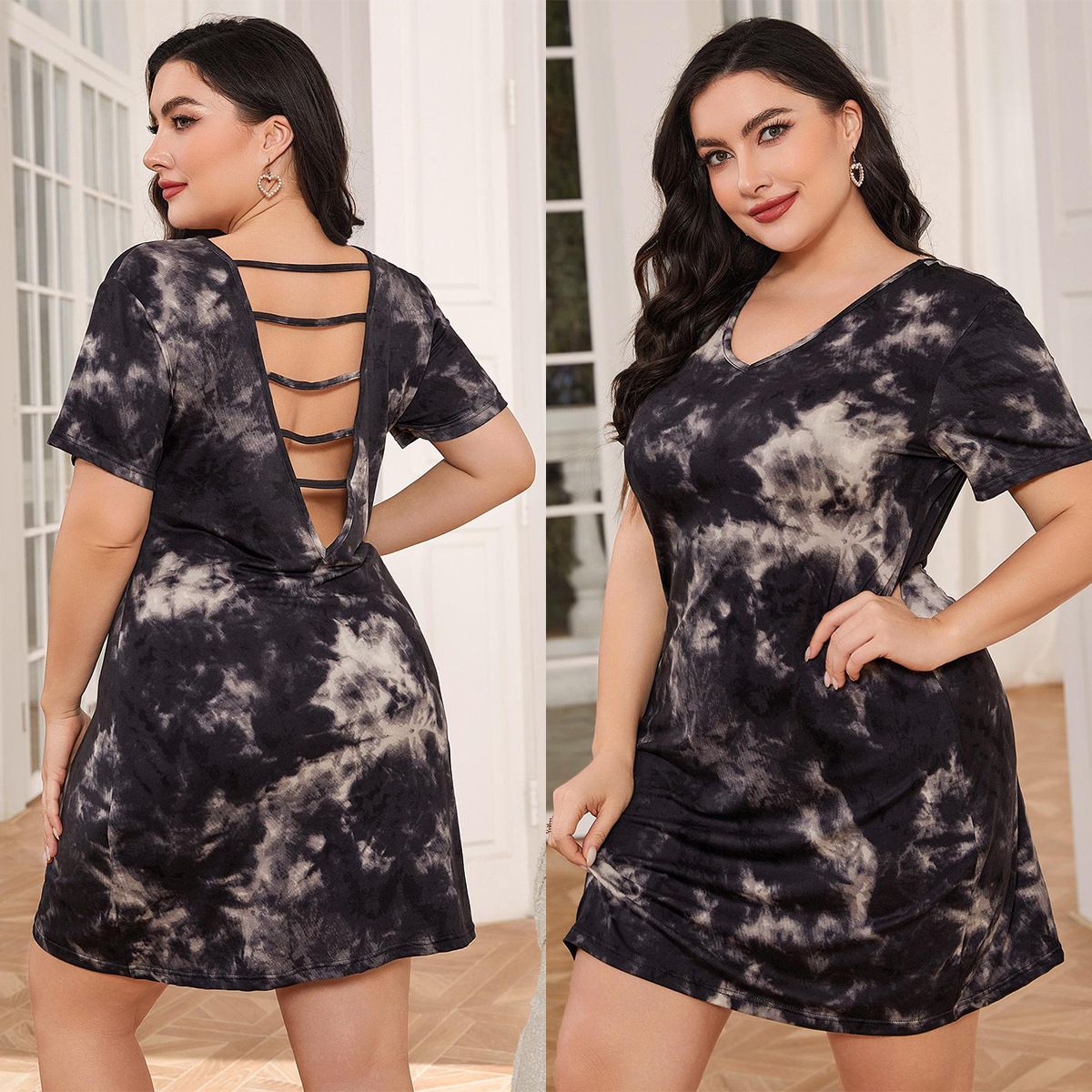 Sommer-Nachthemd in Übergröße für Damen - Sexy Batik-Nachthemd mit kurzem Ärmel und atmungsaktivem Milchseidenstoff (0XL-5XL)_voghion.com